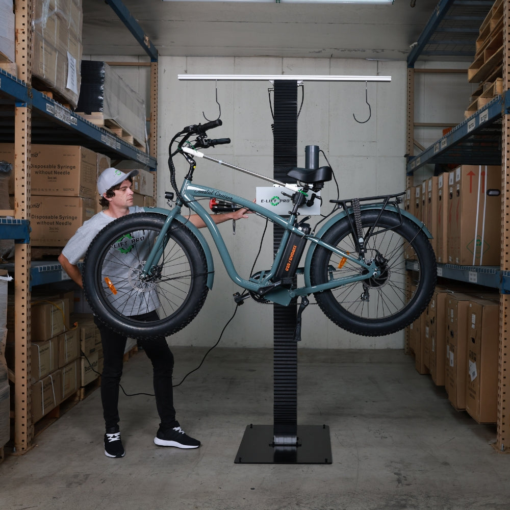 E-Lift PRO Single-Sided Repair Stand Assembly with Basing & Tool Box for Efficient Bike Maintenance